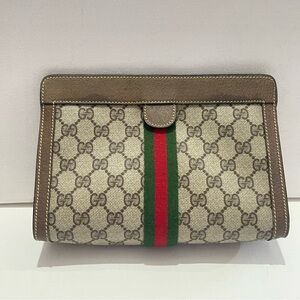 Gucci Brown Monogram vintage Pouch with Tan Interior